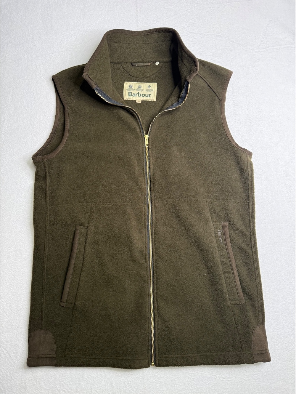 Barbour Men’s XL Olive Green Fleece Gilet Vest Full Zip Tartan Pockets